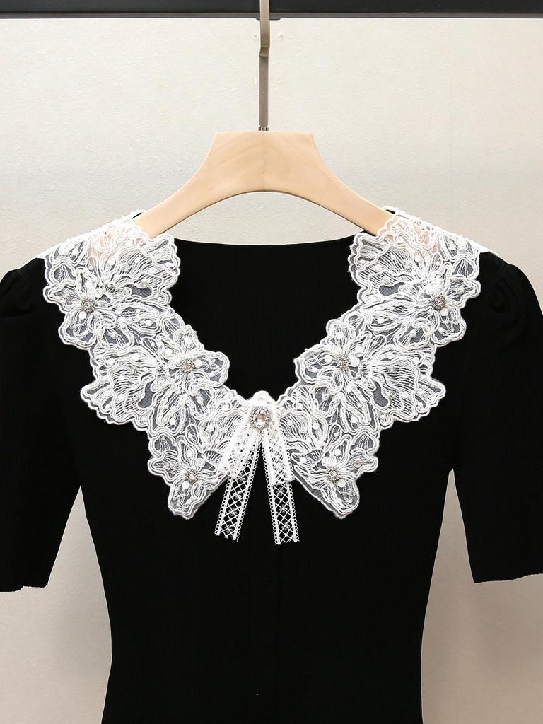 Elegant Autumn Lace Patchwork Sweater - Women's Slim Short Knit