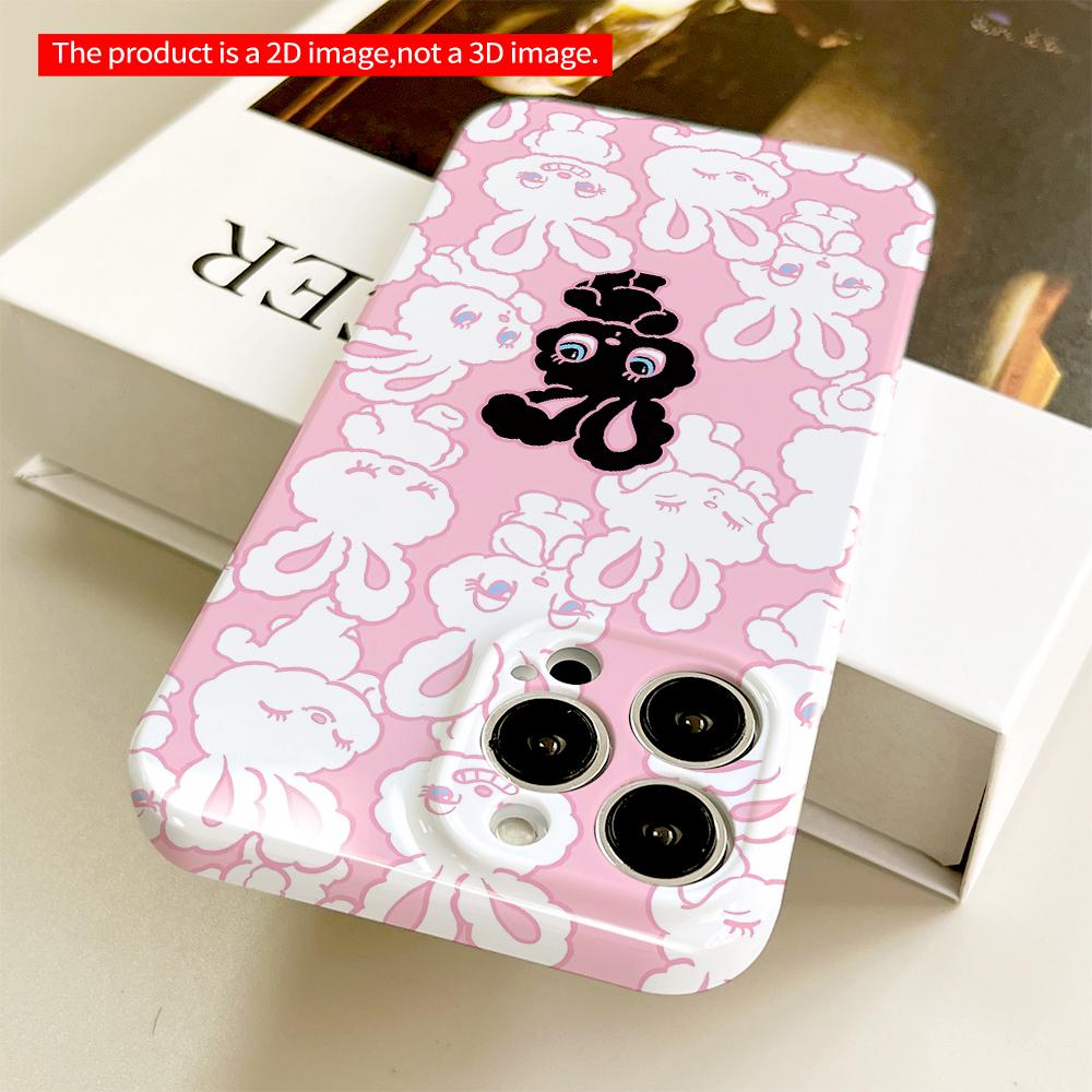 Pink Bunny Pattern with Black Bunny Center All Inclusive Film Hard Phone Case, Compatible with iPhone 18 Pro Max 17 16 15 14 13 12 11