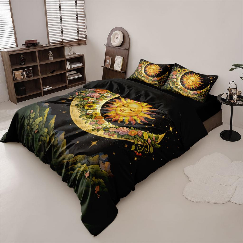 3pcs Moon Flower Printed Coreless Quilt Set, Multi Size Comfortable Bedroom Bedding Decoration, Machine Washable