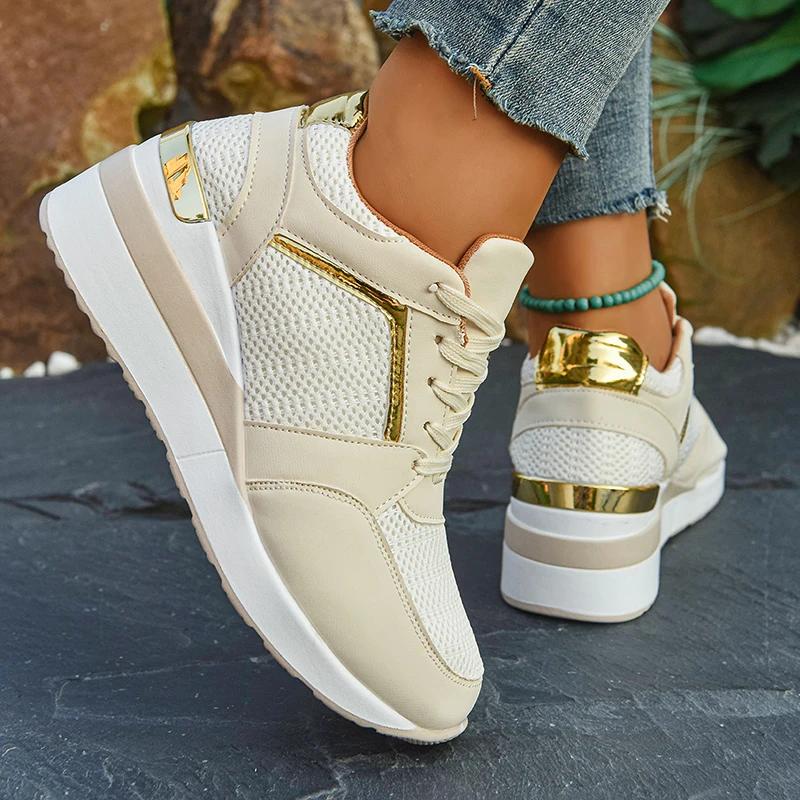 Spring Gold Silver Mesh Wedge Sneakers Women Lightweight Platform Heels Casual Shoes Woman Plus Size 36-43 Lace Up Sneakers