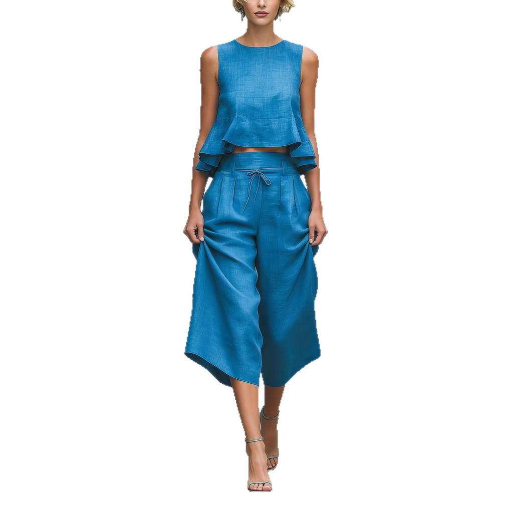 Womens Blue Sleeveless Crop Top with Ruffle Hem and Wide Leg Tie Waist Pants Set