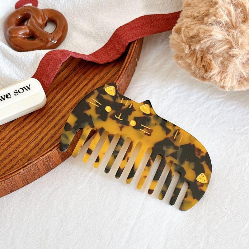 Korean Acetate Wide Tooth Comb for Women  Vintage Cute Cat Design Travel Portable Leopard Print Anti Static Kids Hair Comb