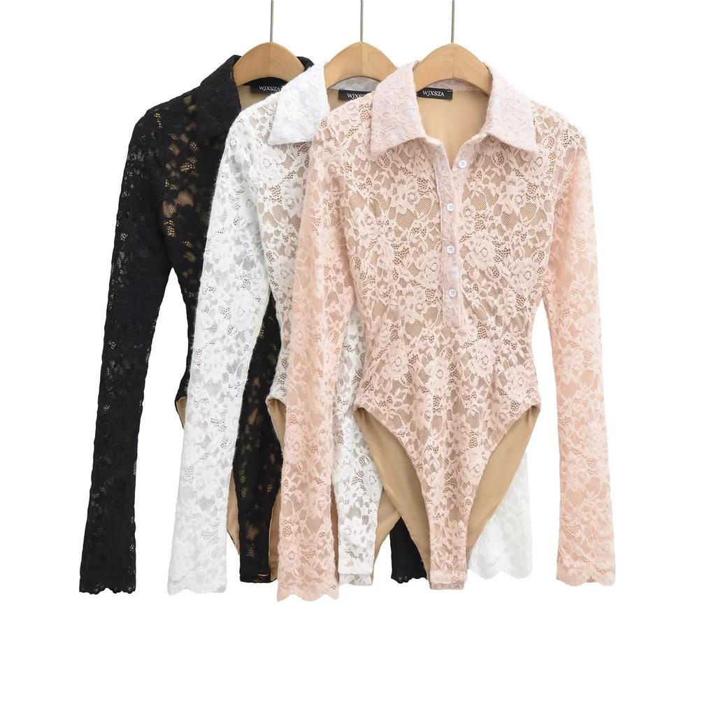 European Fashion Crochet Lace Lapel Bodysuit