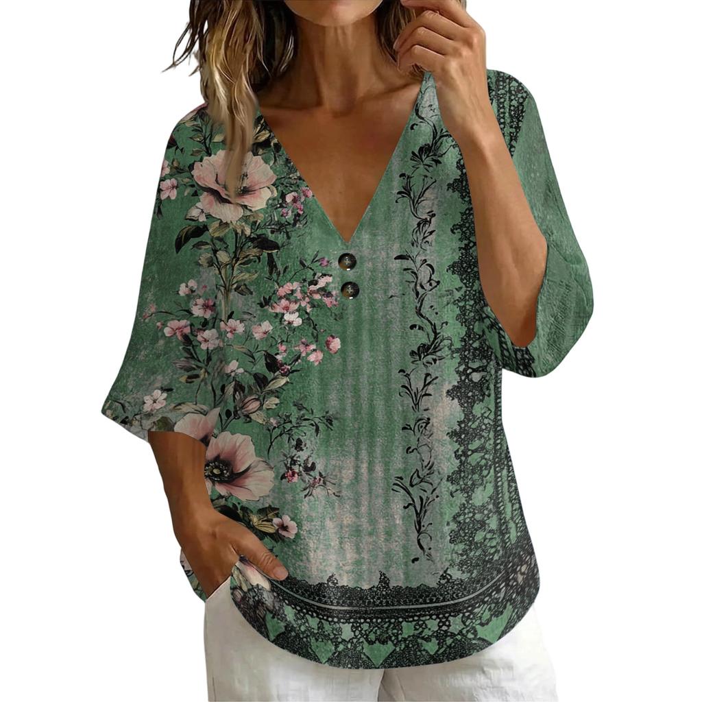 Women's Vintage Floral Print V Neck Loose Fit Short Sleeve T Shirt Made of Linen Blend Fabric Casual Lightweight Top for Everyday Wear