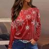 Women's Fashion Casual Slit Hem Round Neck Long Sleeve Loose  Printed T-Shirt Ladies Top