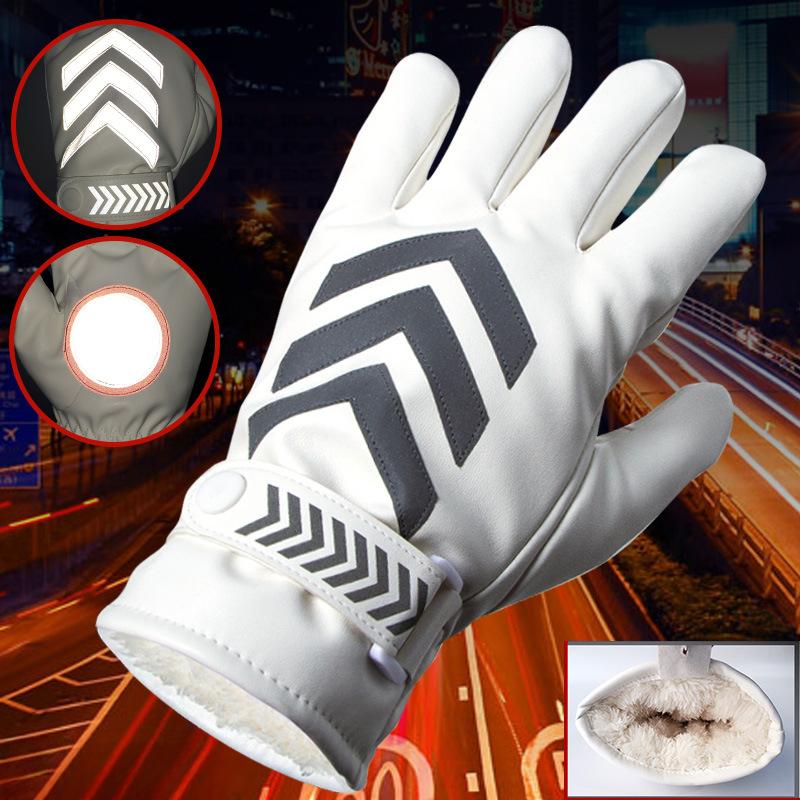 Autumn and Winter Traffic Warm PU Plus Fleece Duty Gloves White Leather Reflective Security Guard Night Patrol Sports Command Riding
