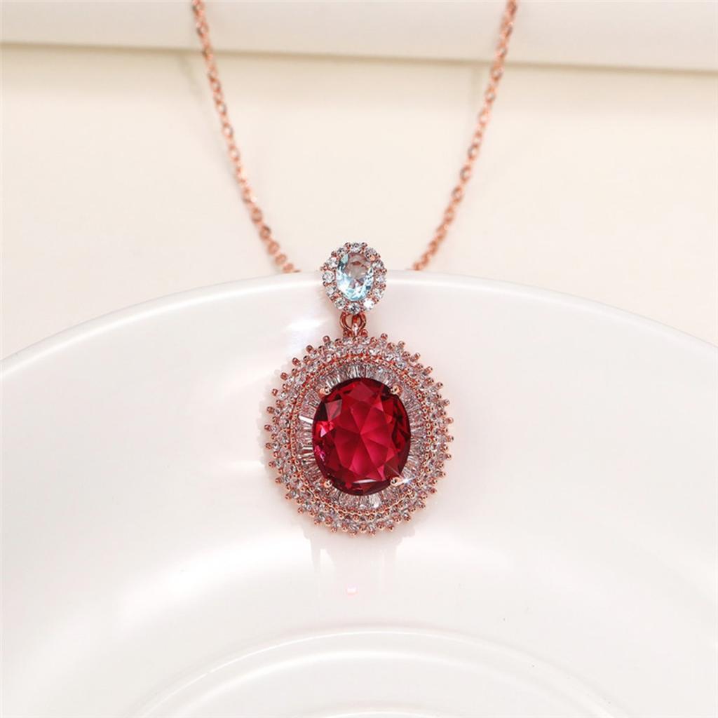 Oval Red Center Stone Pendant Necklace Double Halo Design Sparkling Statement Jewelry for Women