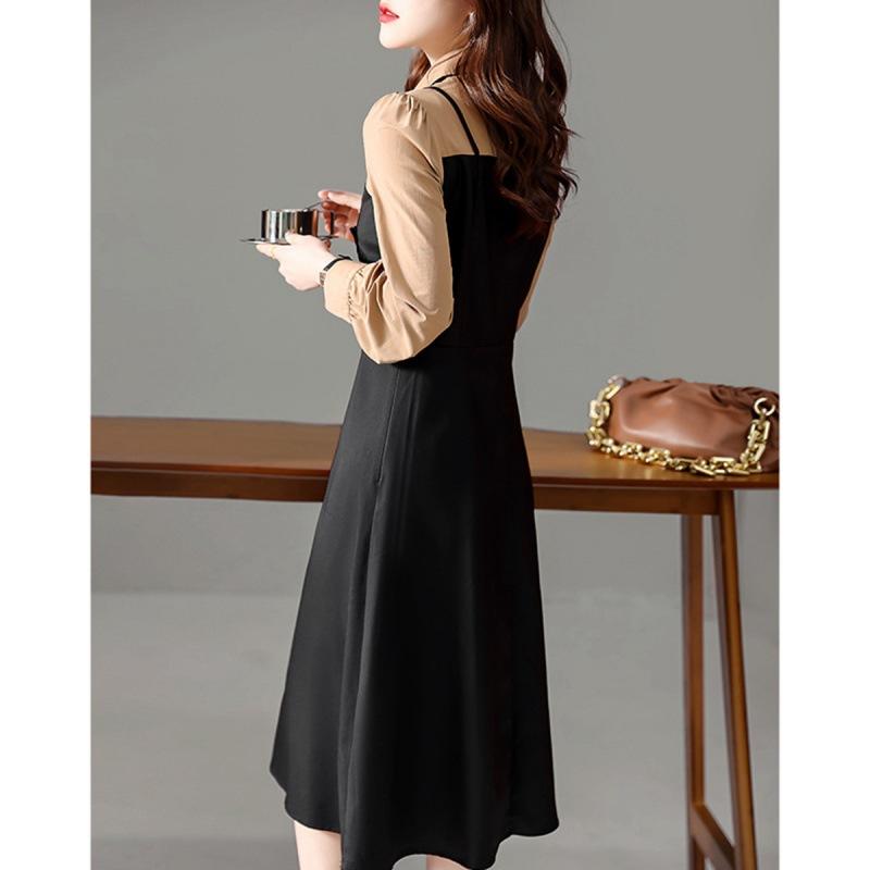 Autumn New Autumn Commuting Simple Loose Korean Version Fake Two-piece Midi Dress