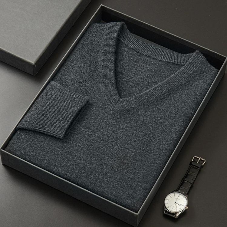 Men Autumn V Neck Merino Wool Knit Pullover Warm Solid Sweater