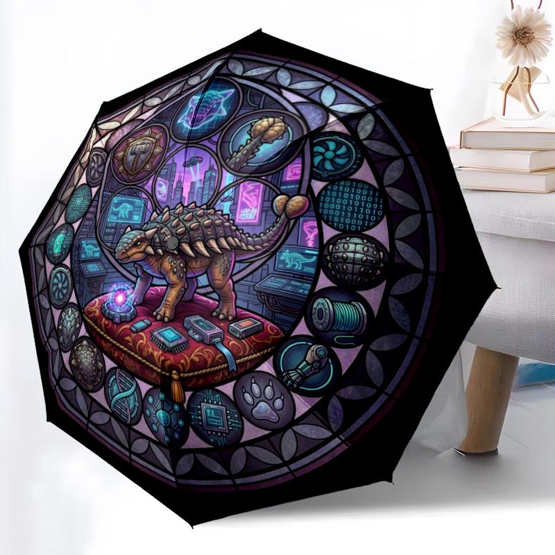 Cyber Dinosaur Glass pattern umbrella, portable and foldable design, 8 ribs, a casual accessory for Halloween, Christmas, and birthday gifts.