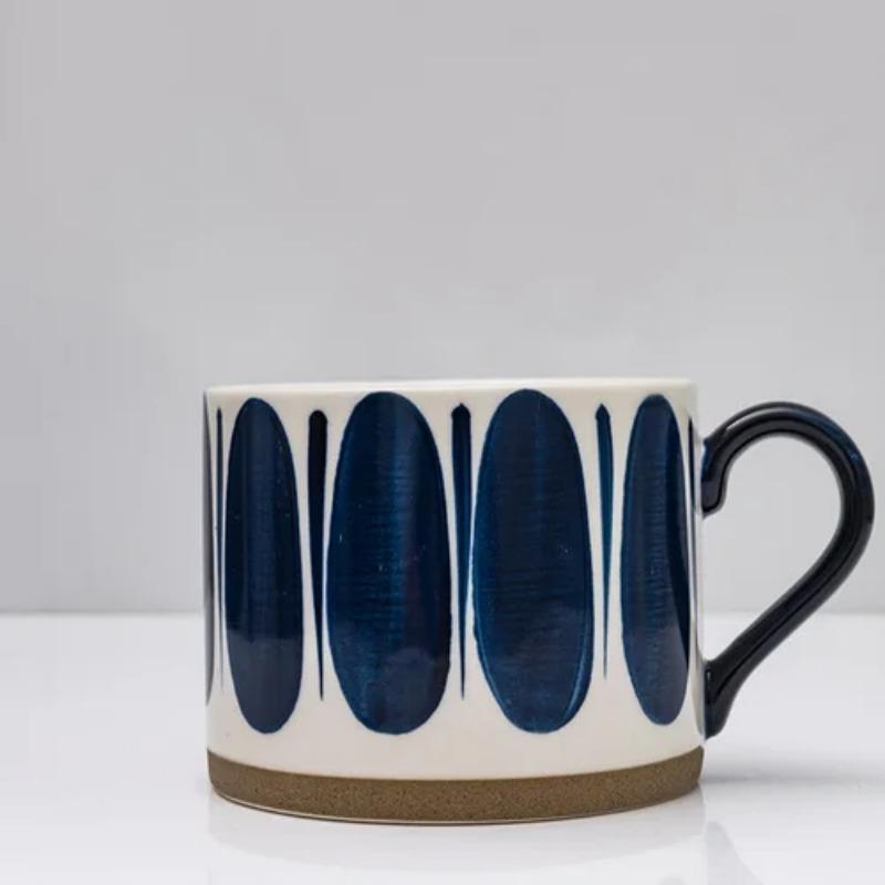 Japanese Ceramic Pattern Coffee Cup with Spoon 450ml Large Capacity Mug Simple Home Office Breakfast Milk Mug Pull Flower Latte