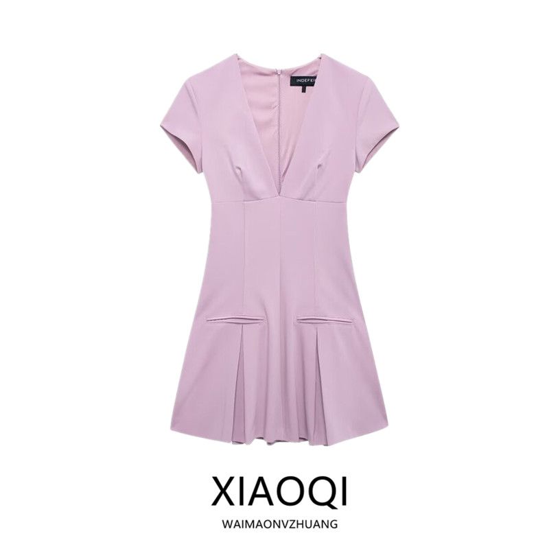 Fashion Style 2024 Fall and Winter New Women's Clothing Stylish Wide Pleated V Neck Short Sleeve Short Dress 4764264