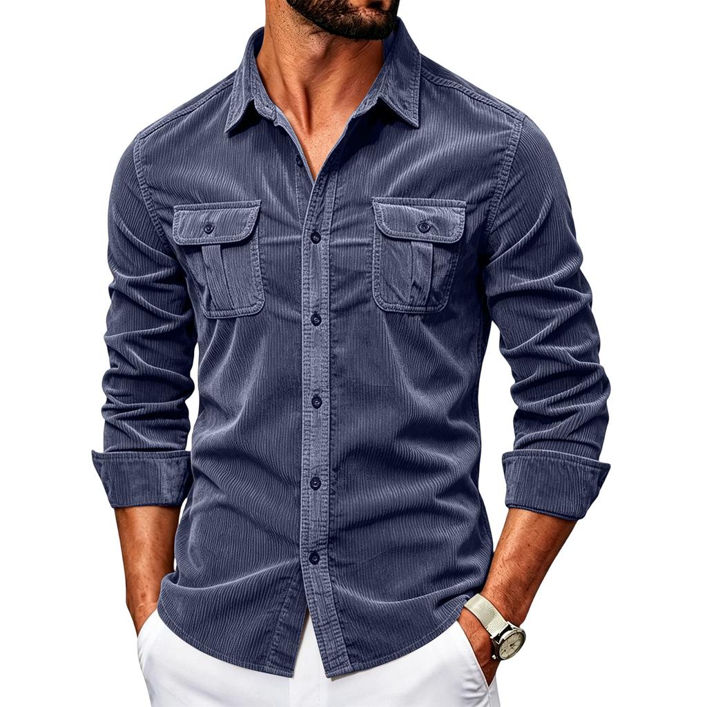 Men's Corduroy Shirt Slim Fit Long Sleeve Button Down Casual Business Shirt Two Chest Pockets Classic Collar Soft Fabric