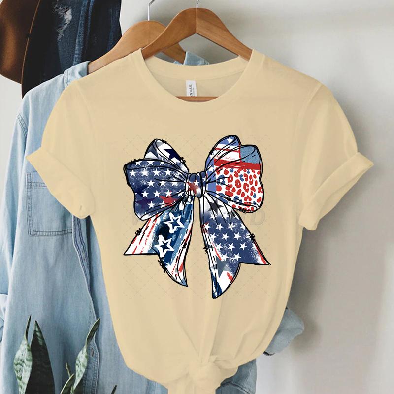 USA Flag Coquette Bow Design Woman T-shirts July 4th Crew Neck Summer Clothes Men 4th of July Coquette Bow Shirts and Blouses