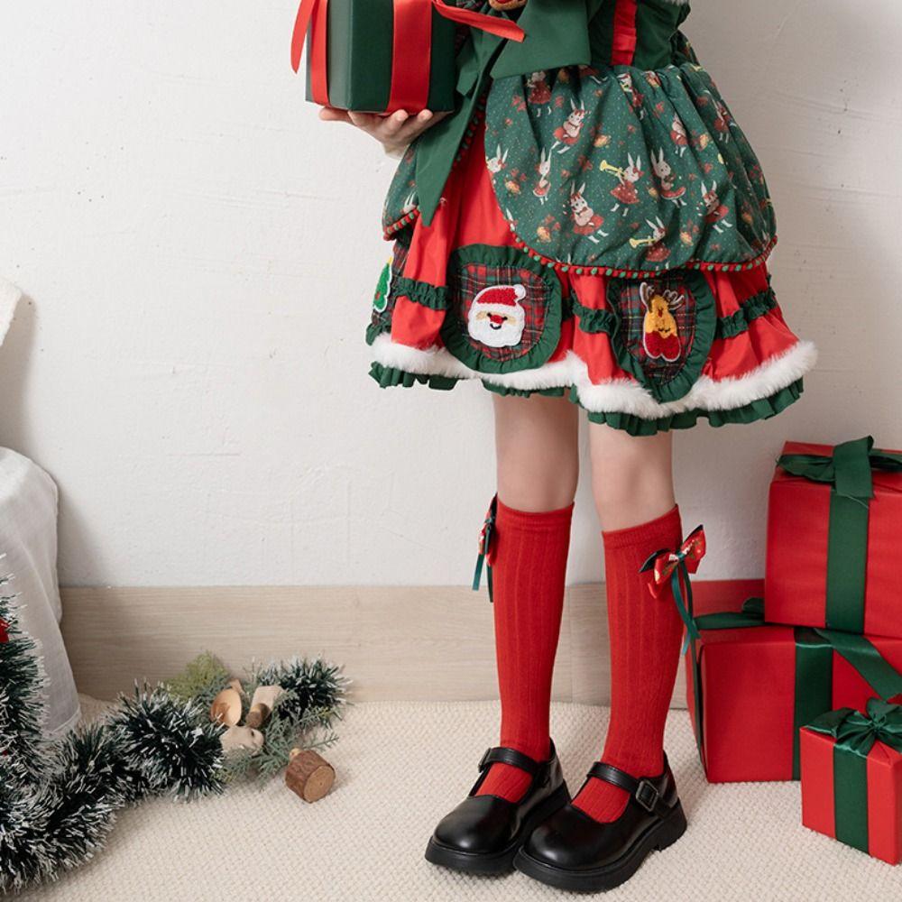 Green New Year Red Socks Cotton Children Long Socks Casual Bow Hosiery for Kids  Winter