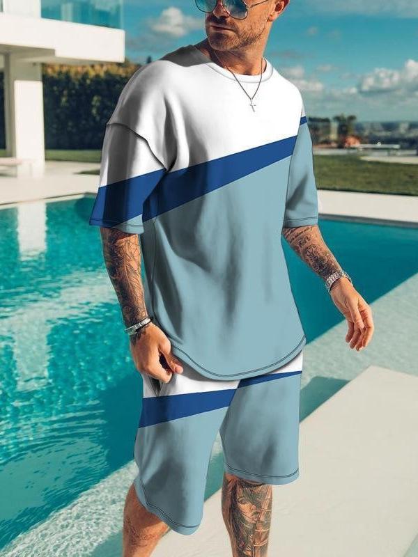 Men's 3D Printed Sports Two-Piece Set O-Neck T-Shirt Stripe Color Printing Casual Fitness Short Sleeve Tops Shorts