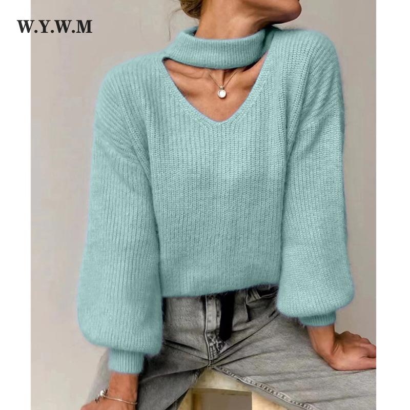 

WYWM винтажный элегантный однотонный свитер женский зимний повседневный вязаный пуловер с v-образным вырезом и длинными рукавами женский простой свободный мягкий базовый джемпер