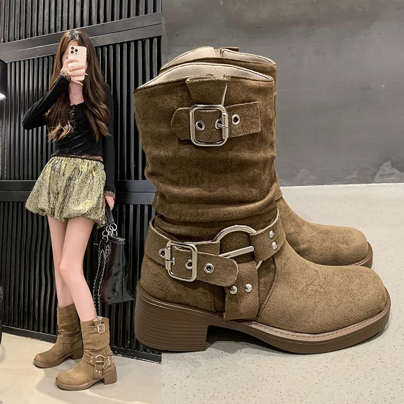 2026 Autumn New Ethnic Style Woman Cowboy Boots Thick Bottom Anti Slip Women's Middle Boot Retro Versatile Women Knight Boots