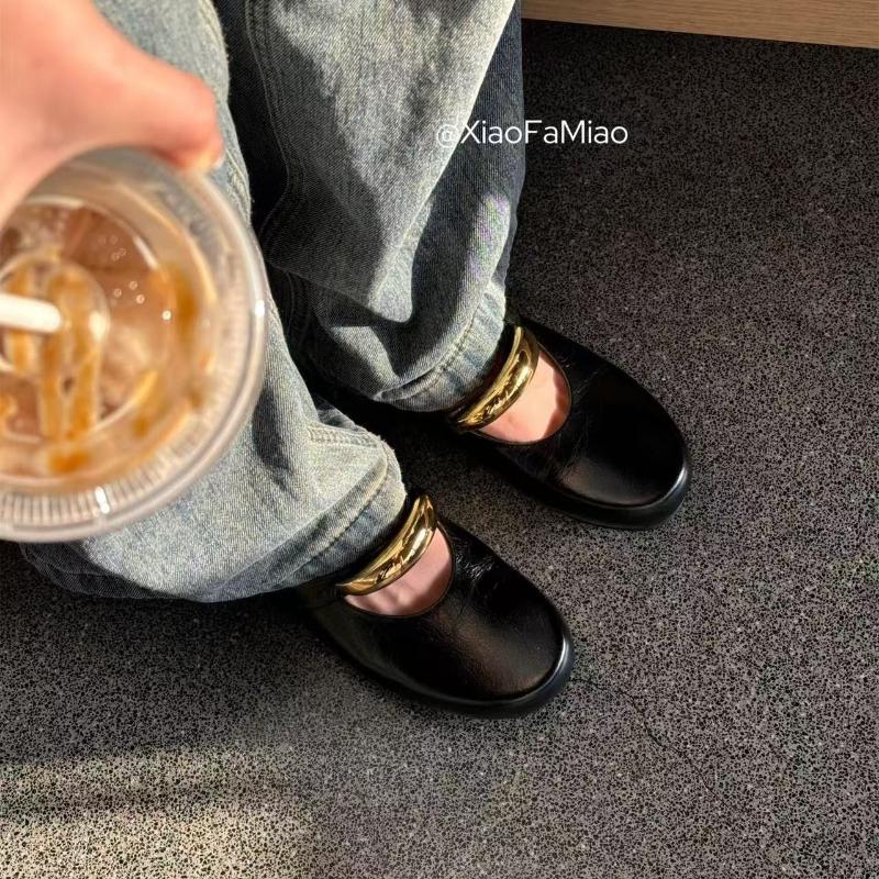 Fashion Mary Jane Shoes Women's 2025 New Round Toe Fashion Single Shoes for Women's Spring Genuine Leather Metal Decorative Flat Shoes