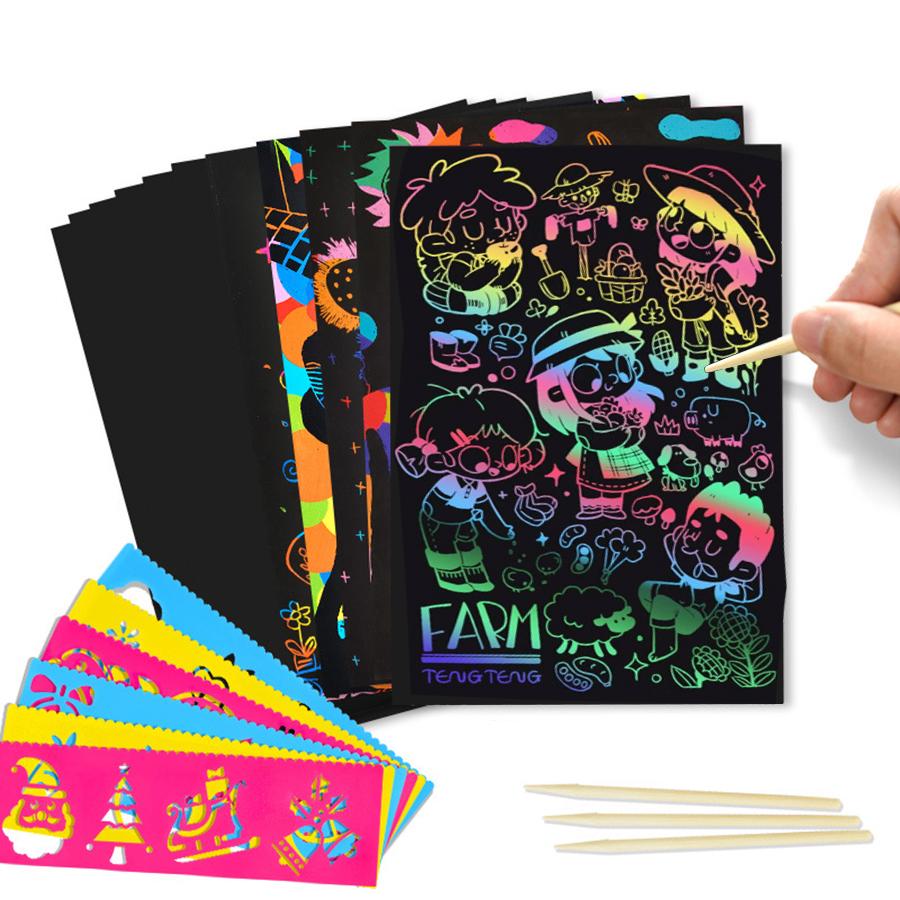50pcs 18.5cm Scratch Painting Set with 4pcs Painting Template Ruler Imaginative DIY Painting Art Kits School Office Supplies