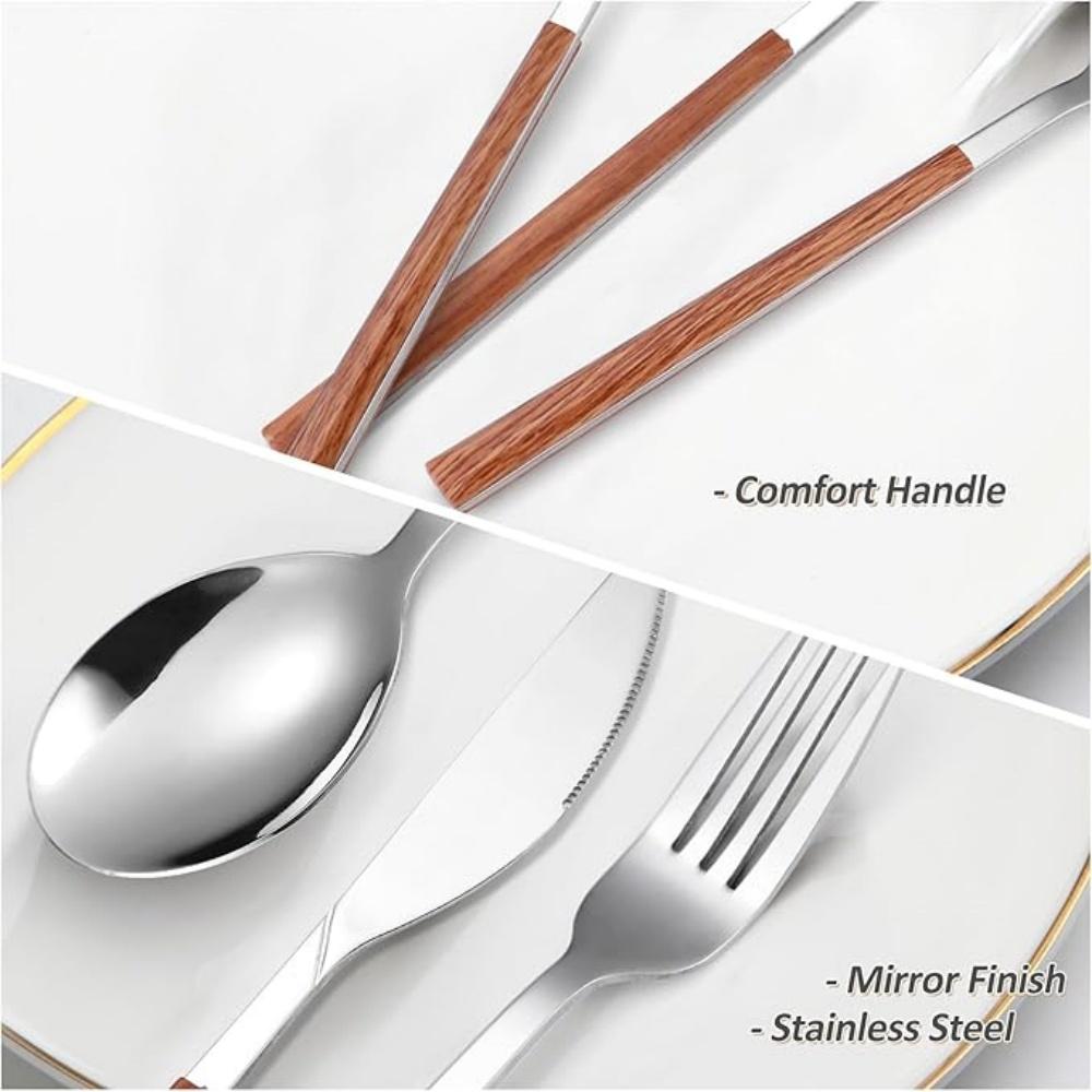 16/24/30Pcs Stainless Steel Imitation Wooden Handle Cutlery Set Silver Dinnerware Knife Spoon Fork Tableware Set