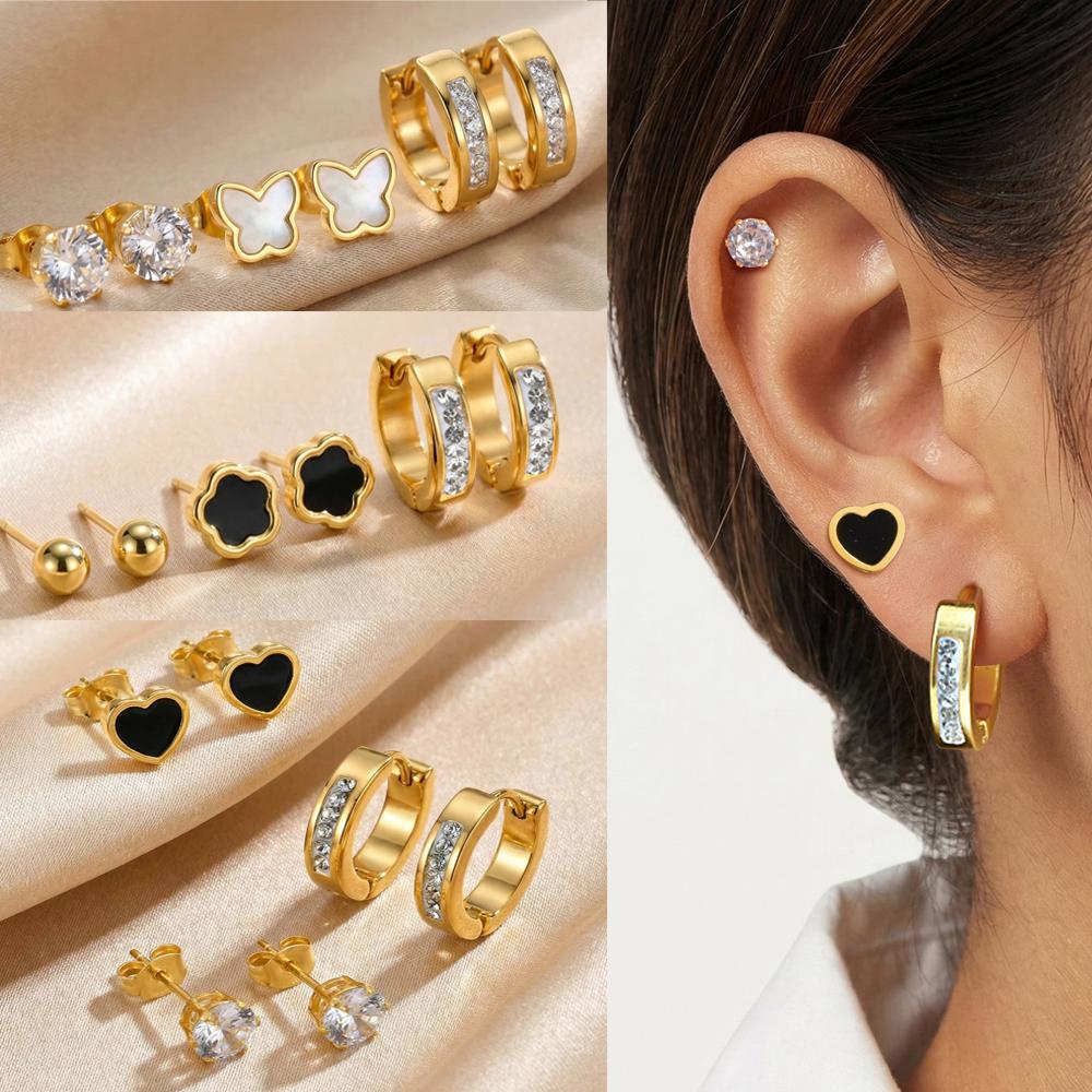 Earrings Set Gold Plated Stainless Steel Black Flower Studs CZ Hoop Earrings for Women Multiple Piercing Jewelry
