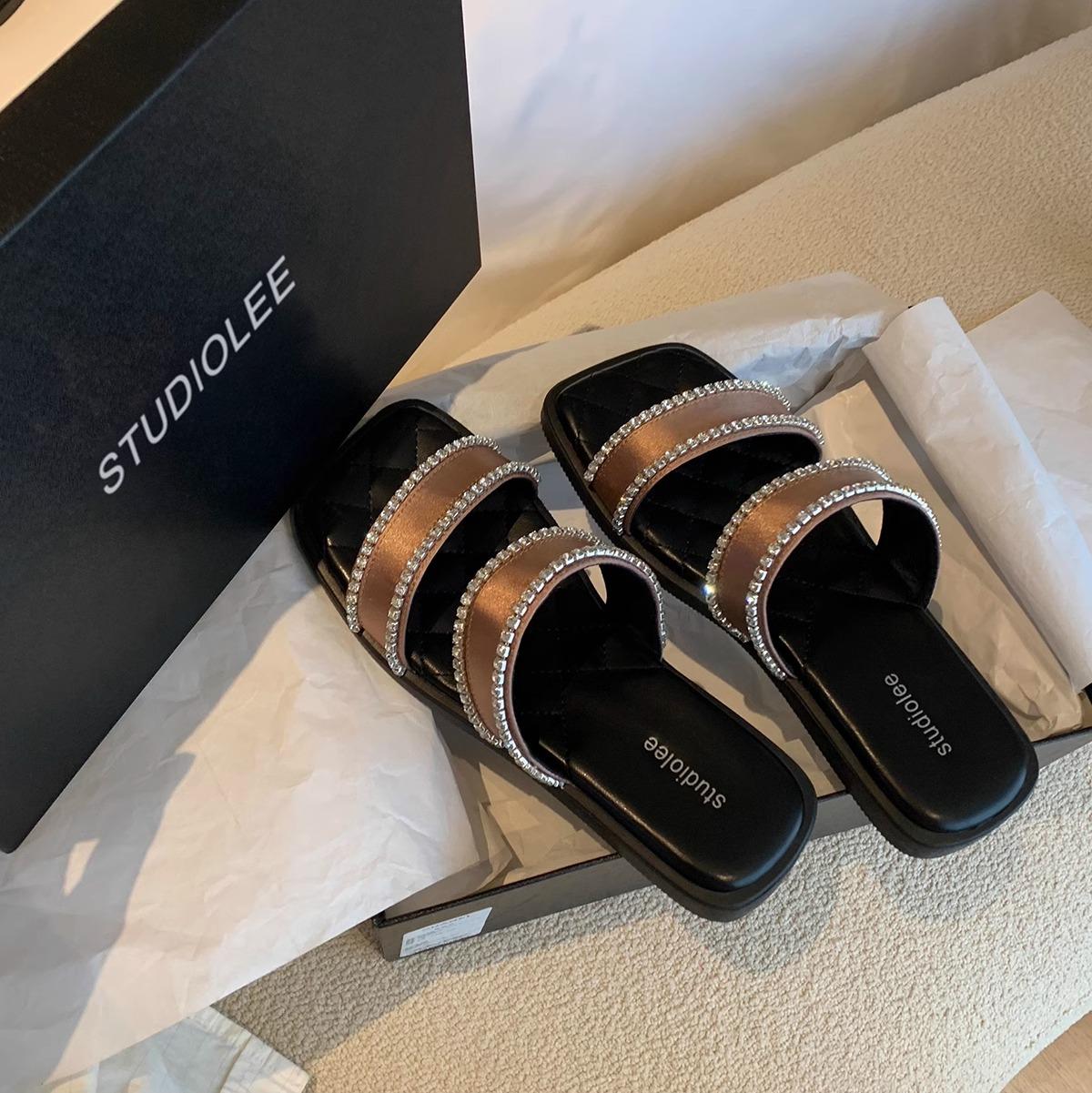 

Версия из овчины~ Благородный атласный текст со сверкающими стразами квадратная голова кожаные крутые тапочки женские 40 золотисто-коричневый