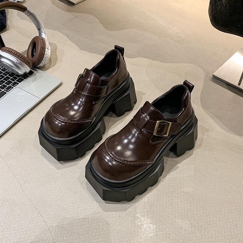 

British style retro belt buckle 9cm thick sole heightening square heel muffin small leather shoes women s spring new thick heel loafers 1 39
