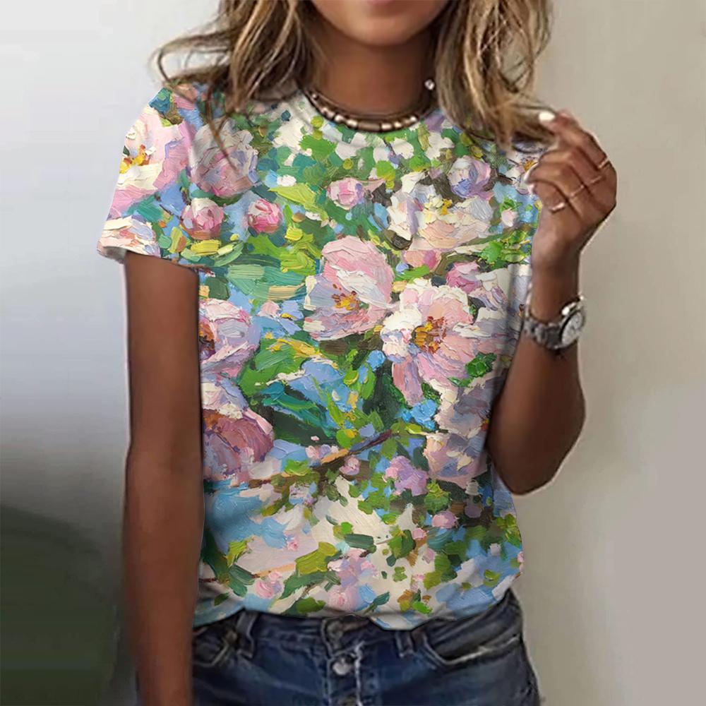 Sommer Nye Dame T-skjorter Oljemaleri Tekstur 3D Blomstermønster Korte Ermer T-skjorte Mote O-Hals Dameklær Topper