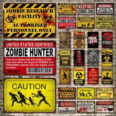 Vintage Zombie Warning Tin Sign  Metal Wall Decor for Bar Pub Club Man Cave  Retro Metal Plaque  Unique Home Decor Gift