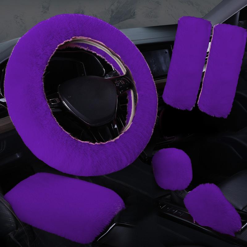 Plush Car Steering Wheel Cover 6piece Set Winter Warmth And Elastic Non Slip Handle Cover Women's Car Interior Accessories