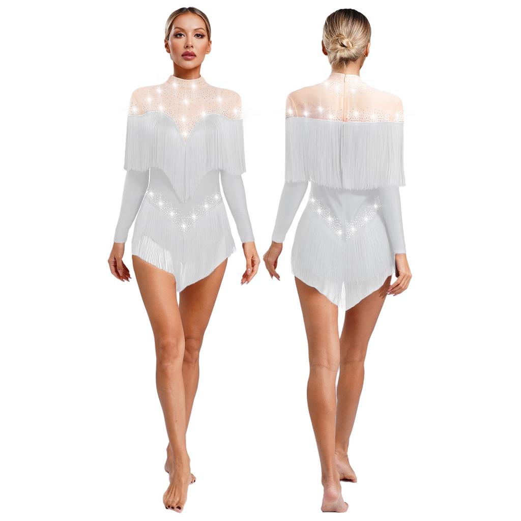Stage Dance Bodysuit for Women - Latin Style with Tassels, Shiny Rhinestones & Sheer Mesh Long Sleeve Design