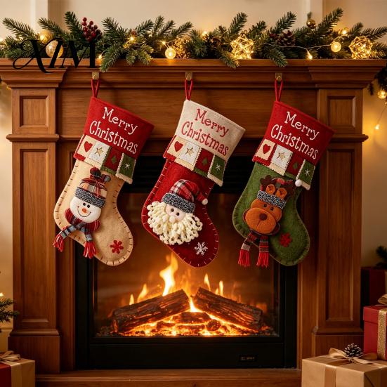 Festive Holiday Gift Holders 18 Inch Large Christmas Stockings, 3D Santa/Snowman/Reindeer Xmas Hanging Socks, Non-woven Decorative Stocking