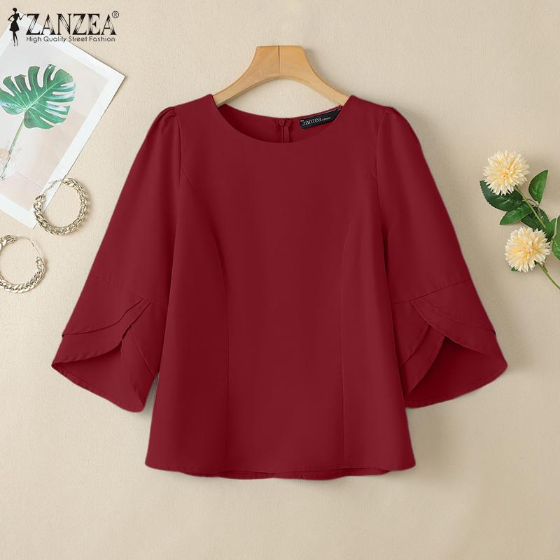 ZANZEA Women Casual Round Neck 3/4 Sleeve Loose Blouse