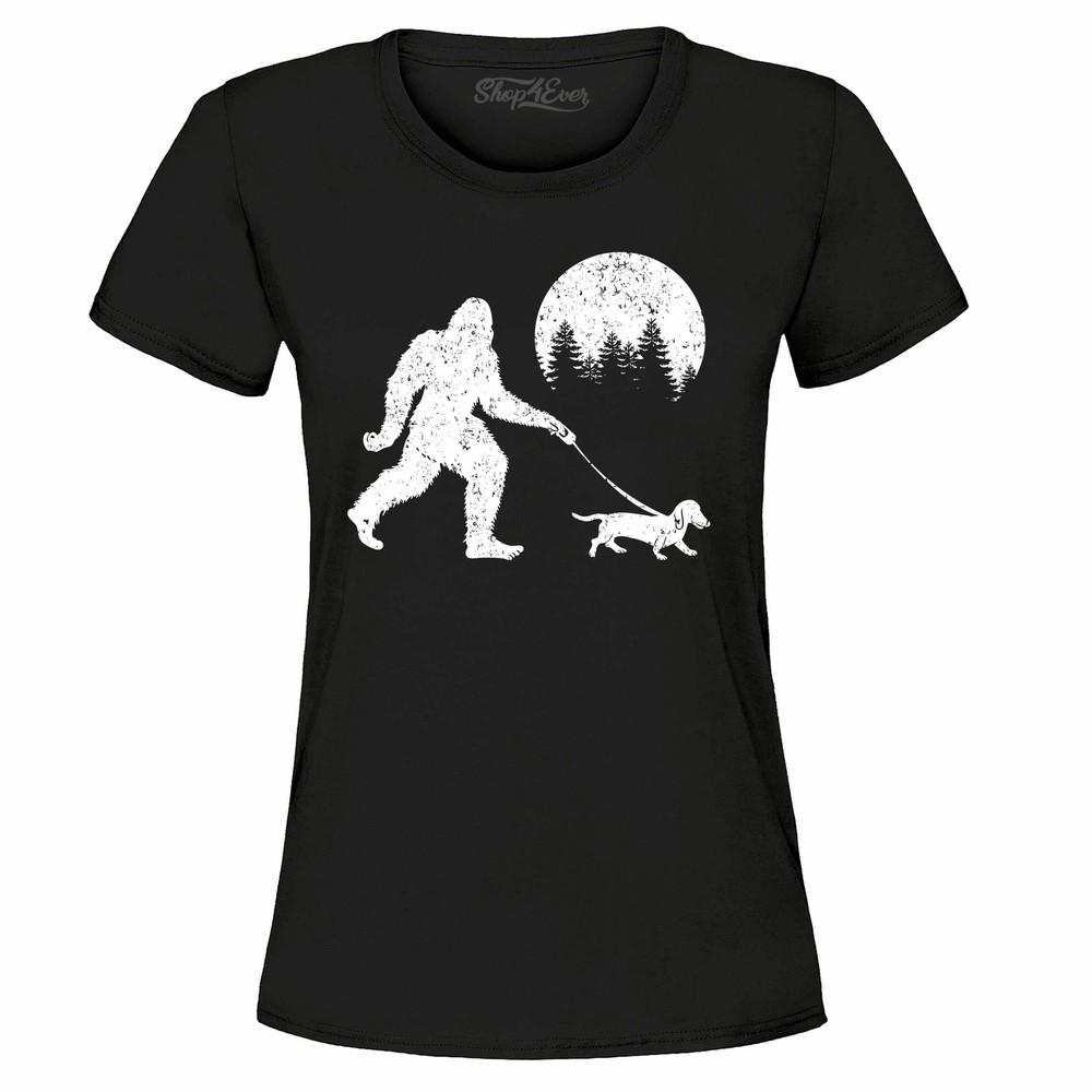Bigfoot Walking Wiener Dog Women's T-Shirt Funny Sasquatch Dachshund Shirts