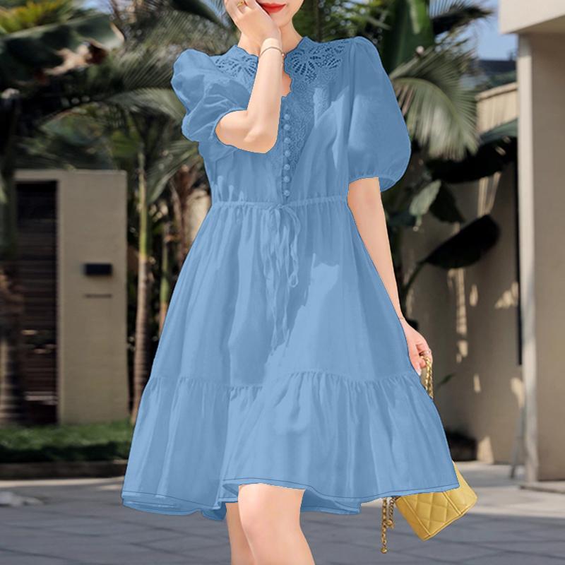 

ZANZEA Женское кружевное вязаное платье с V-образным вырезом и короткими рукавами в стиле кэжуал 2XL синий