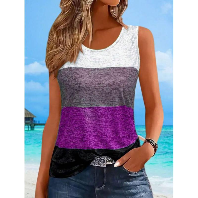 Womens Loose Fit Colorblock Sleeveless Round Neck Tank Top Casual Printed Crop Layering