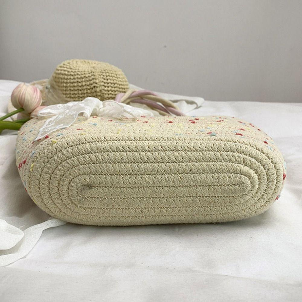 With Ribbon Woven Tote Bag Korean Style Summer Beach Bag Casual Pink Tote Handbag  Female