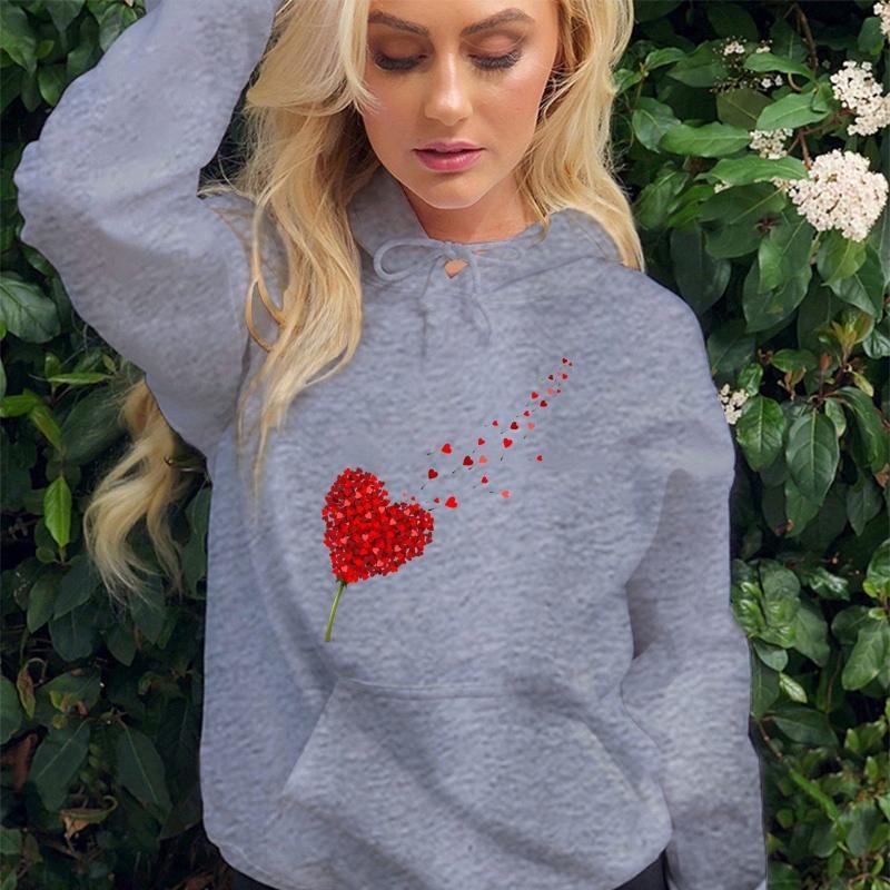 Heart Dandelion Printed Hoodies Women Sweatshirt Hooded Casual Tops Pullovers