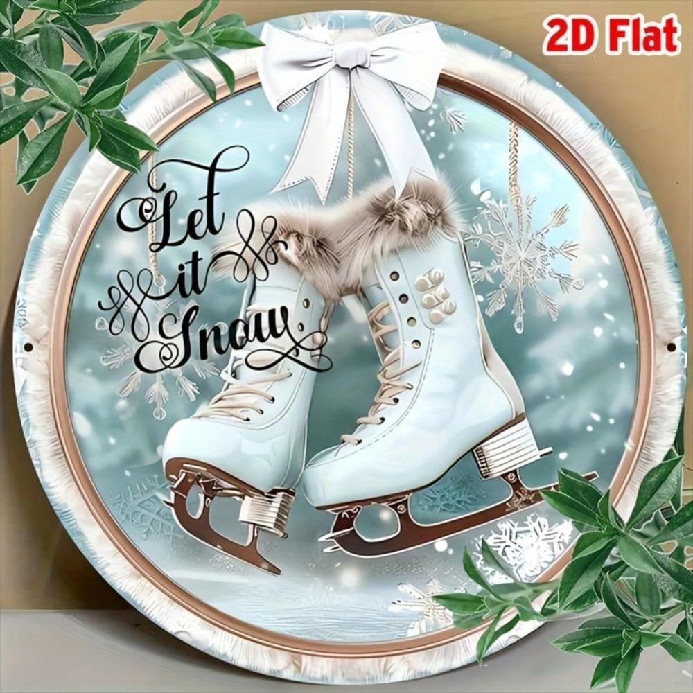 Vintage Winter Ice Skate Wreath Metal Tin Sign Snow Decor Wall Art Home Gift