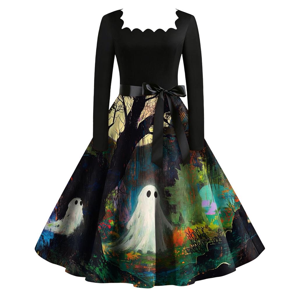 Women Vintage Long Sleeve Square Neck Dress Halloween Party Printed Full Skirt Retro Style Midi Dress with Waist Tie