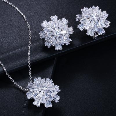 Ki0006 Super Flash Zircon Flower Earrings Necklace Two-Piece Set, Trendy Small Set