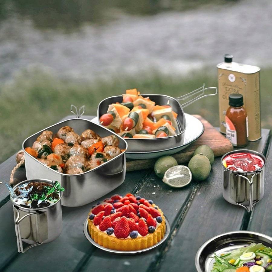 Backpacking Camping Cookware Mini Picnic Camping Cooking Mess Kit, Stainless Steel Pots Pan Plates Set for Hiking, Backpacking, Bushcraft and Picnic,