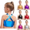 Girls Latin Dance Costume Sparkly Sequins Metallic Crop Top with Cross Keyhole Design