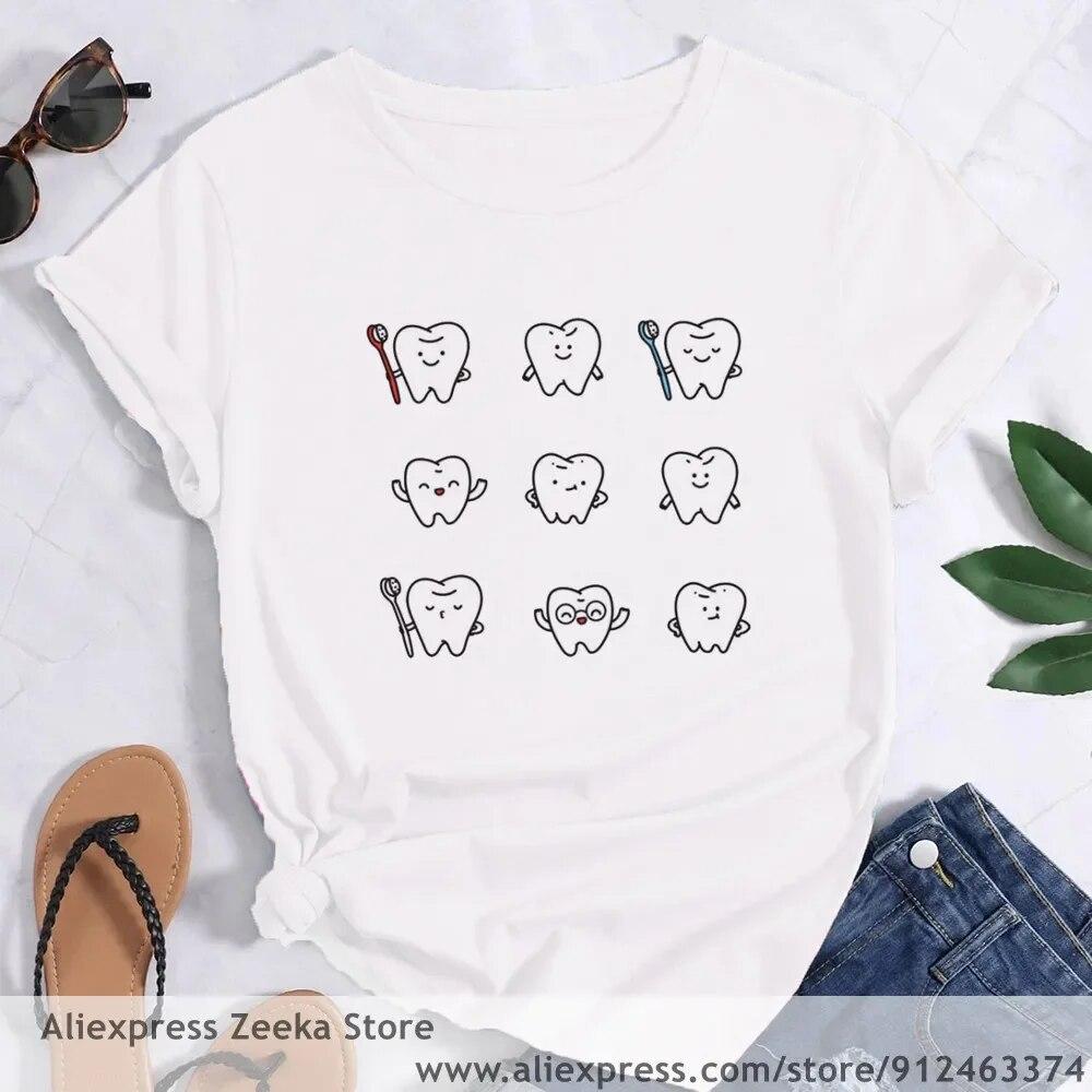 Zahn und Zahnarzt Grafik Ästhetik Frauen Lustige Print Damen T-shirt Mädchen Y2K Harajuku Basis O-kragen Weißes Hemd Kurze