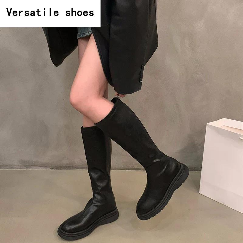 Nové podzimní dámské vysoké boty, módní dámské měkké kožené ploché dlouhé boty, dámská obuv se zipem na zádech