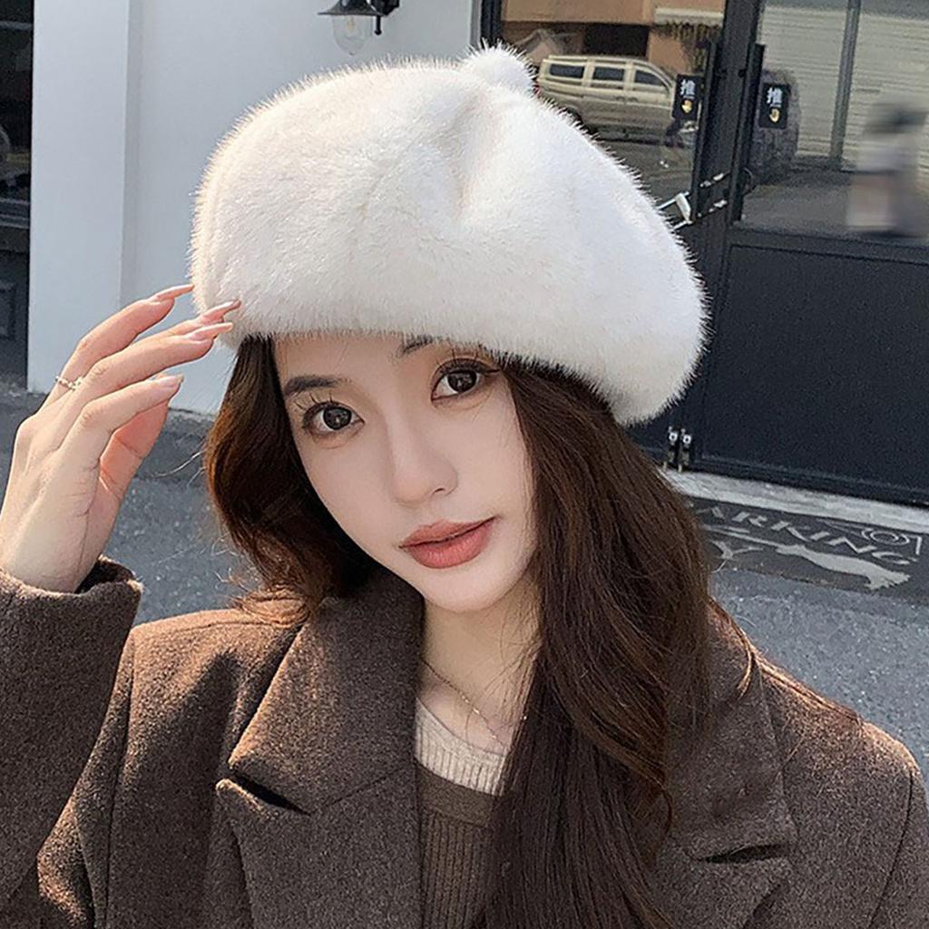 Women Fluffy Fur Beret Cap Solid Color Plush Warm Octagonal Hat For Lady Female Casual Anti-Cold Mink Velvet Pumpkin Hats