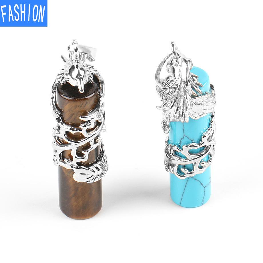 Creative Mascot Wrapped Natural Stone Cylindrical Pendant And Pink Crystal Necklace