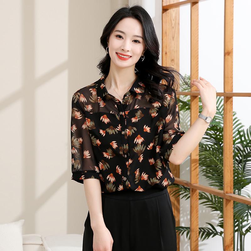 Women s Floral Chiffon Seven-Sleeve Versatile Summer Top L
