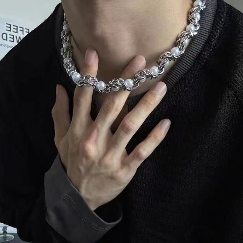 Punk Imitation Pearl Alloy Thick Chain Necklace Hip Hop Party Casual Business Jewelry Accessories Gift